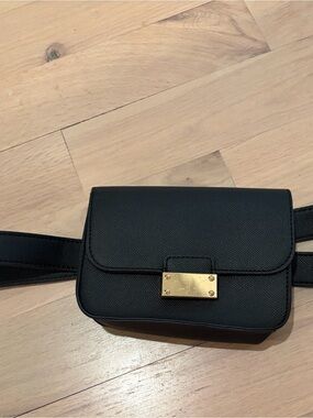 Black Leather Belt Bag with Gold Plate